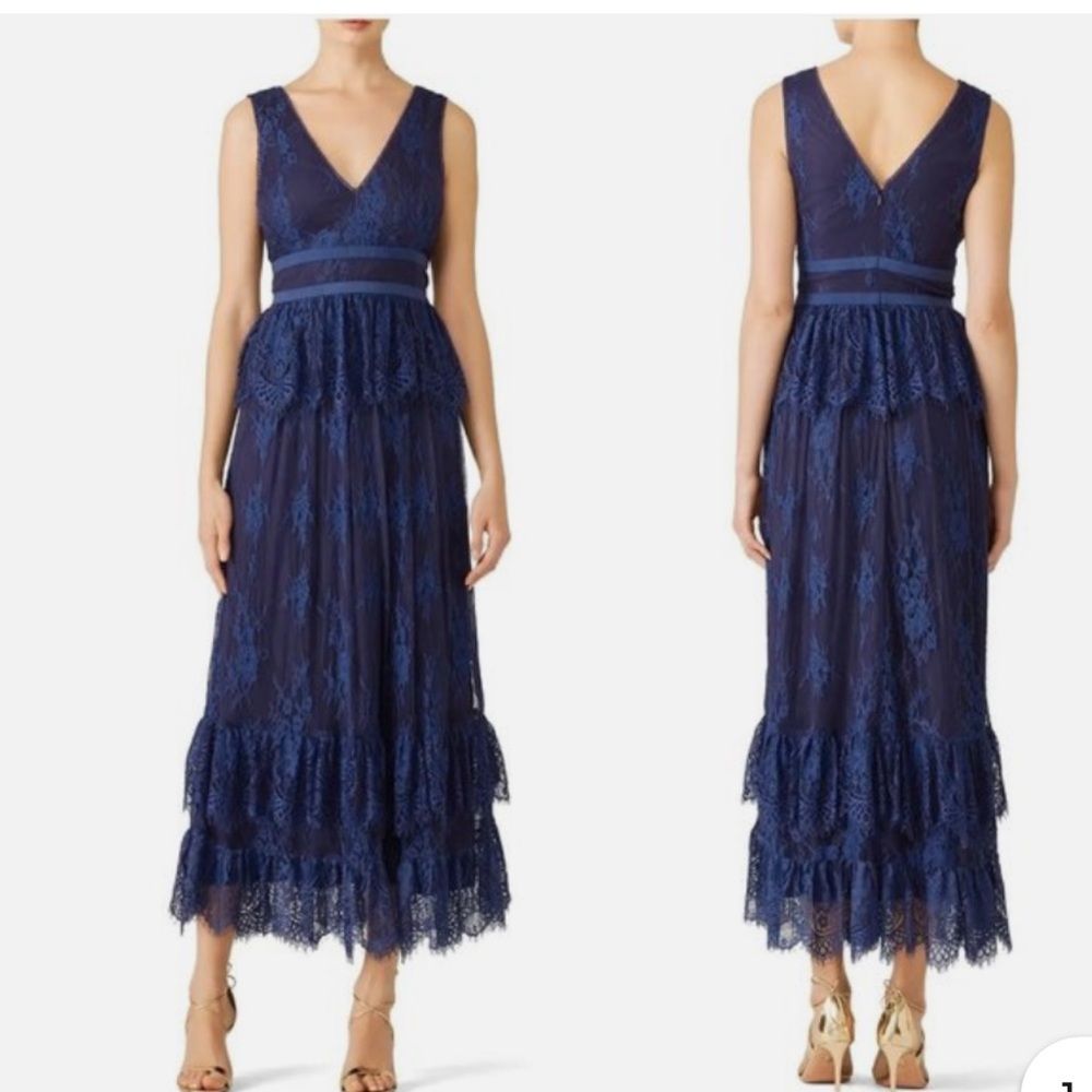 Parker Black Navy Blue Veronica Lace Tiered Sleeveless Maxi Gown sz 6